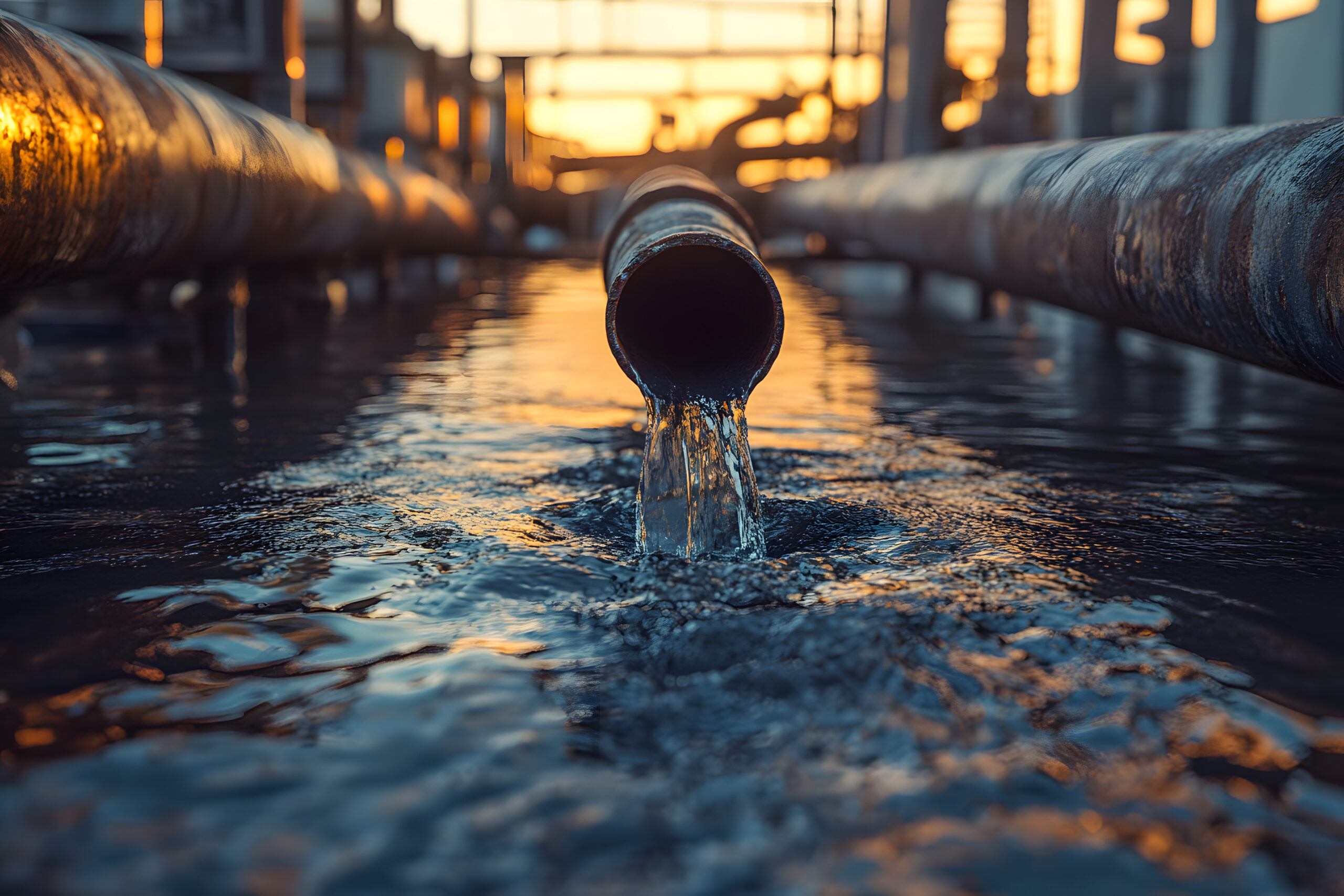 Clean industrial water pipe flowing fresh stream. Infrastructure plumbing system with fluid motion. Utility supply at sunset, pipe discharging water stream. Urban treatment facility channel close up